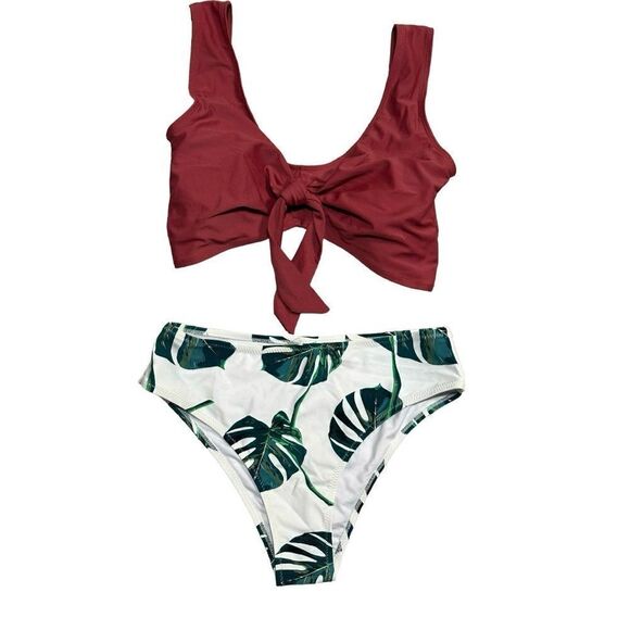 Shein Rust White and Green Leaf Bikini Size Medium - Picture 2 of 3